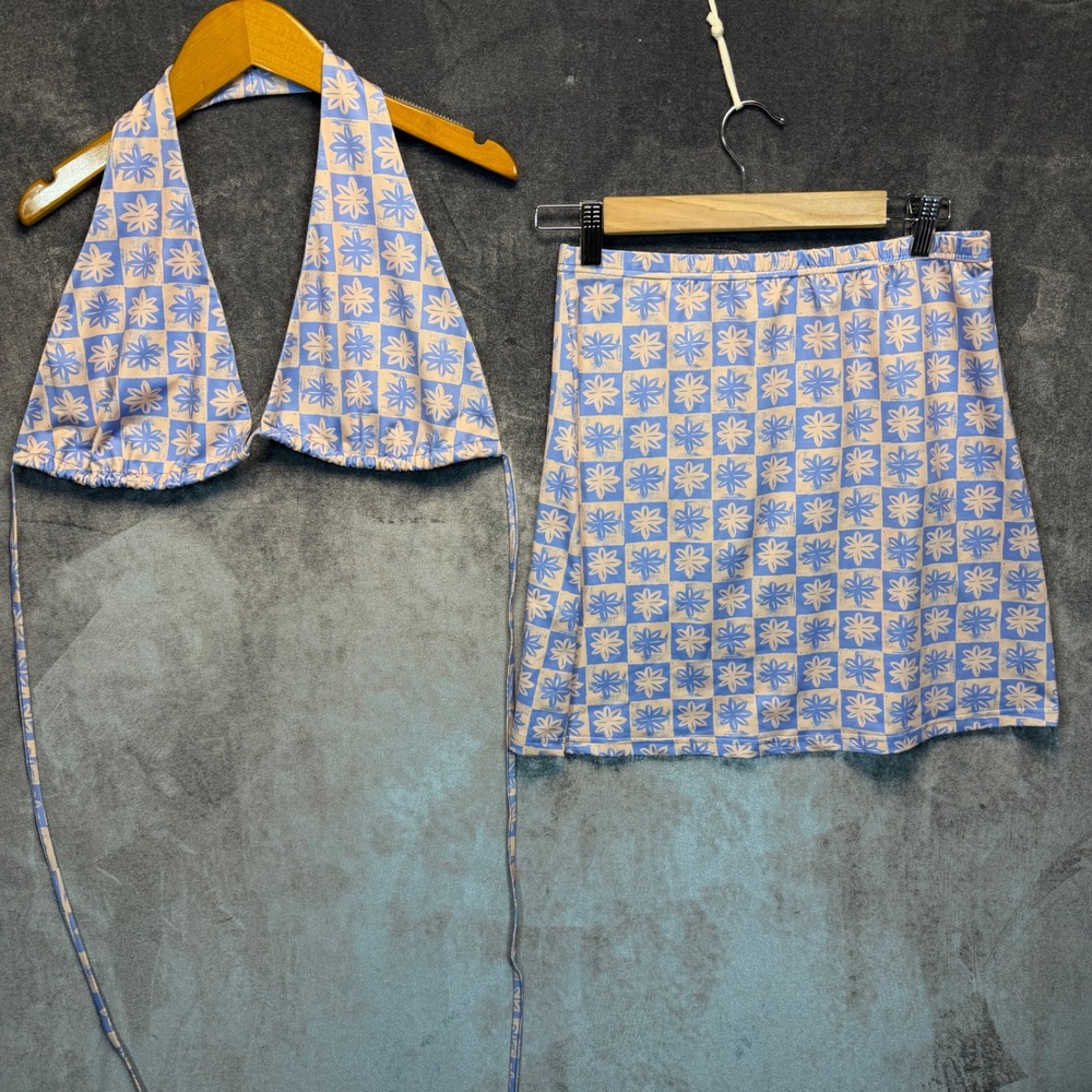 Princess Polly Two Piece Set Womens Blue Regular US 8 Floral Check Halter Skirt